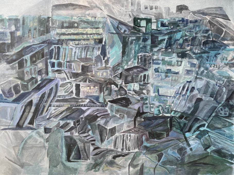 Painting with muted tones of blue, seafoam, stone, taupe, and teal. Architectural forms of varied cubic shapes and sizes warp and stack on top of one another and flow organically as they are housed in a misty faraway-feeling urban landscape.