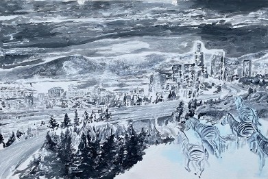 Predominantly black and white impressionist brushstroke painting with a hint of ice blue in bottom right-hand corner. Seattle dark clouded cityscape featuring distant buildings and an elongated winding road is transposed onto African bush landscape with foreground forestry and a dazzle of zebras approaching from bottom right-hand corner