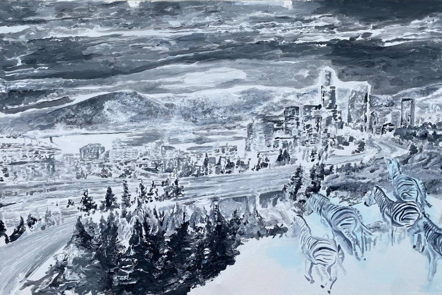 Predominantly black and white impressionist brushstroke painting with a hint of ice blue in bottom right-hand corner. Seattle dark clouded cityscape featuring distant buildings and an elongated winding road is transposed onto African bush landscape with foreground forestry and a dazzle of zebras approaching from bottom right-hand corner
