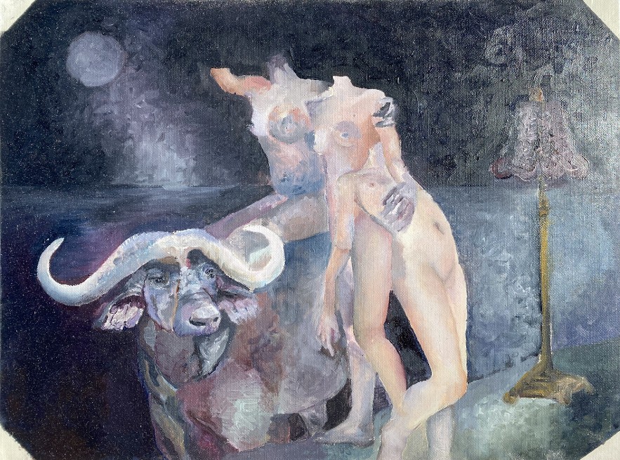 Oil painting of a dark moonlit watering hole, a cape buffalo stands gazing to the right surrounded by three pale naked headless women locked in an intimate embrace. To the right of the scene, an antique lamp with a deep magenta ornate shade and gold rod illuminates the women and buffalo