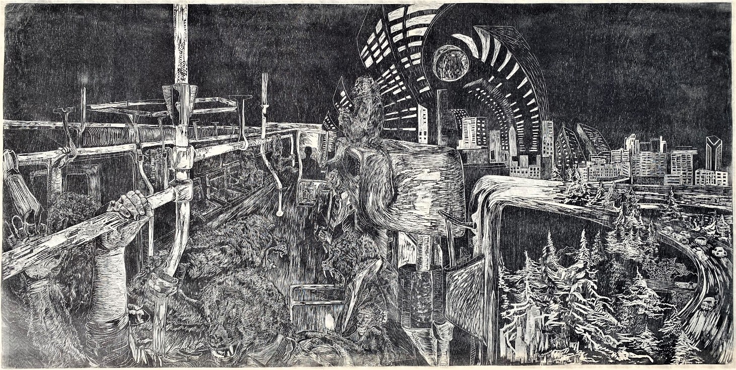 Woodcut print onto kitakata off-white paper, in all b&w, in a long horizontal orientation a foreshortened metro bus interior with 10 chacma baboons are dispersed about the seats, hand railings, and walkway of the bus, some showing all or partial appendages and some with hybrid human appendages and or clothing, at the center of the piece a shadow with the shape of a human silhouette is seated behind a partition on the bus. In the right hand corner of the bus interior a bus window lining elongates and transforms into a busy highway with passing vehicles and becomes part of a forested Seattle skyline and cityscape. Some of the buildings in the cityscape warp and fold toward different directions, with a row of buildings that warp and curve their way back into the bus interior in the opposite direction to that of the left bus window lining.