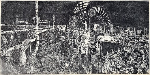Woodcut print onto kitakata off-white paper, in all b&w, in a long horizontal orientation a foreshortened metro bus interior with 10 chacma baboons are dispersed about the seats, hand railings, and walkway of the bus, some showing all or partial appendages and some with hybrid human appendages and or clothing, at the center of the piece a shadow with the shape of a human silhouette is seated behind a partition on the bus. In the right hand corner of the bus interior a bus window lining elongates and transforms into a busy highway with passing vehicles and becomes part of a forested Seattle skyline and cityscape. Some of the buildings in the cityscape warp and fold toward different directions, with a row of buildings that warp and curve their way back into the bus interior in the opposite direction to that of the left bus window lining.