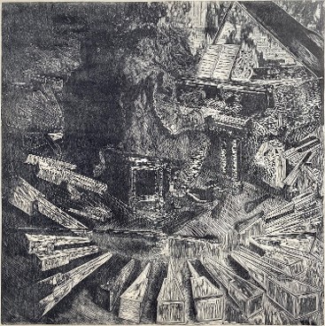 Woodcut print on kitakata off-white paper, in all b&w, a male kalahari lion with a human body in a tuxedo plays an ornate piano as he turns to look behind him directly at the viewer. The keys of the piano begin to fly off of the piano from the right hand corner and increase in size as they land in a circular formation surrounding the lion and piano. At the center of the circular piano key formation are a large pair of clock hands. At the end of the circular piano key formation on the left hand side the piano keys begin to lift from the ground and fly off into the distance decreasing in size as they approach a looming human silhouette shadow in the background of the piece.