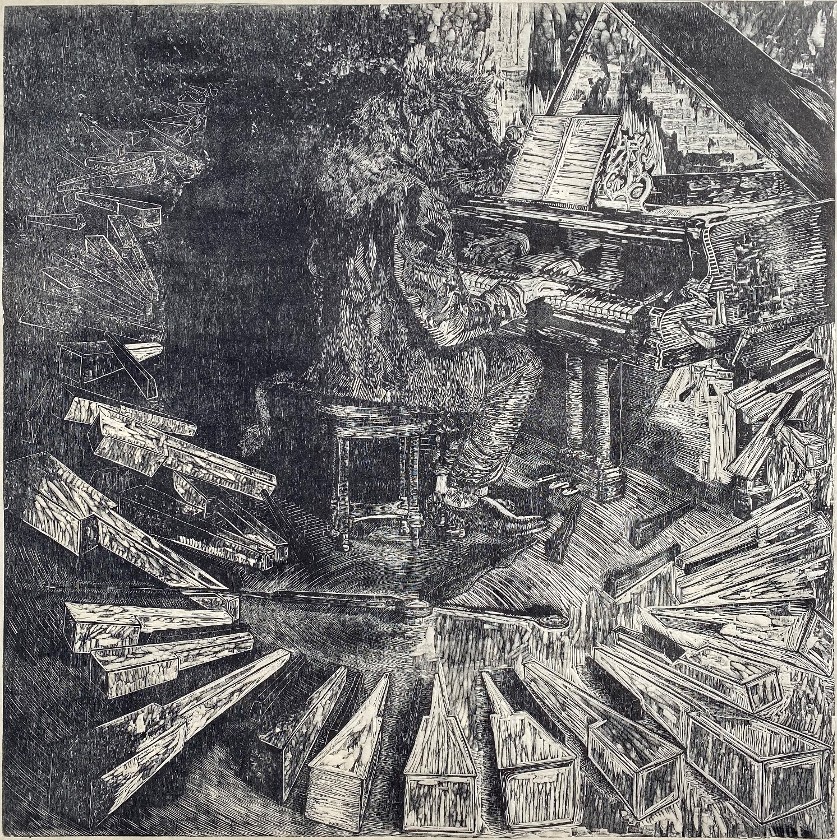 Woodcut print on kitakata off-white paper, in all b&w, a male kalahari lion with a human body in a tuxedo plays an ornate piano as he turns to look behind him directly at the viewer. The keys of the piano begin to fly off of the piano from the right hand corner and increase in size as they land in a circular formation surrounding the lion and piano. At the center of the circular piano key formation are a large pair of clock hands. At the end of the circular piano key formation on the left hand side the piano keys begin to lift from the ground and fly off into the distance decreasing in size as they approach a looming human silhouette shadow in the background of the piece.