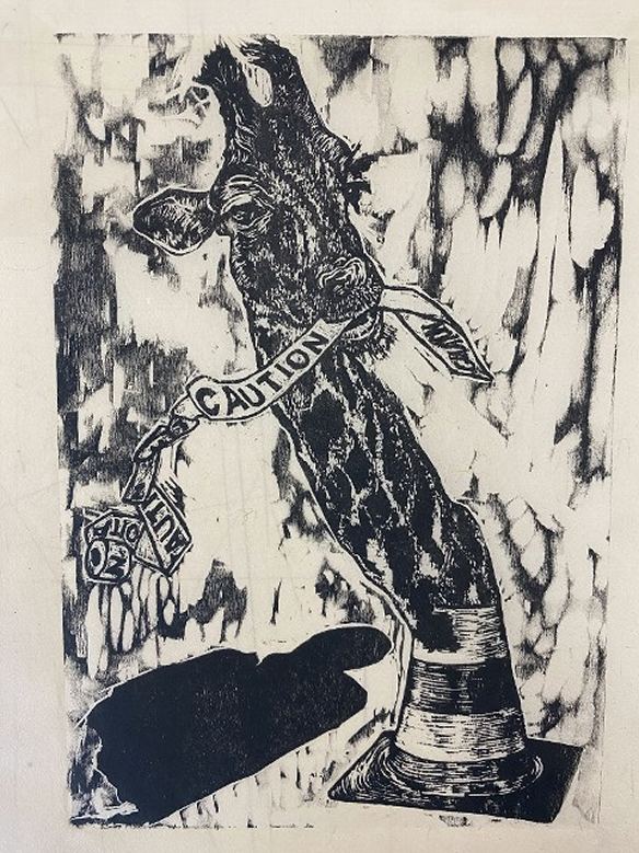 Woodcut print on kitakata off-white paper, in all b&w, a traffic cone warps into the neck and head of a giraffe that leans slightly to the left and holds an unraveling loom of caution tape that blows and twists about in the wind. On the ground slightly behind the giraffic cone is a pothole in the shape of a human silhouette. 